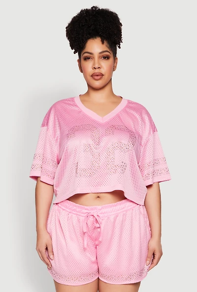 Womens Plus Rhinestone Graphic Print Mesh Jersey,