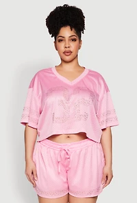 Womens Plus Size Rhinestone Graphic Print Mesh Jersey, Pink, Size 2X