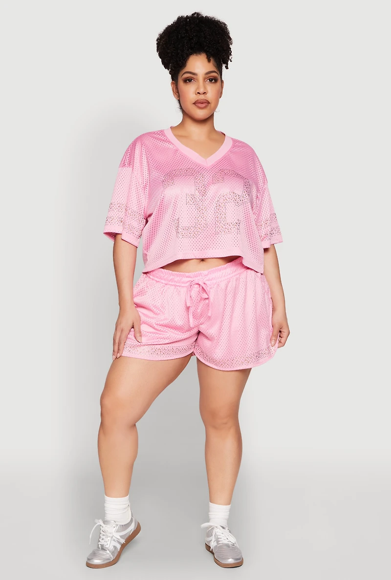 Womens Plus Size Rhinestone Graphic Print Mesh Jersey, Pink, Size 2X