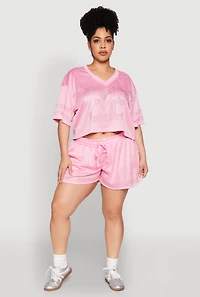 Womens Plus Size Rhinestone Graphic Print Mesh Jersey, Pink, Size 2X