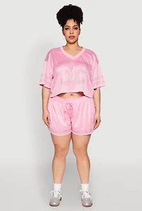 Womens Plus Size Rhinestone Graphic Print Mesh Jersey, Pink, Size 2X