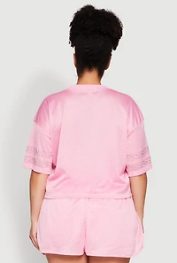 Womens Plus Size Rhinestone Graphic Print Mesh Jersey, Pink, Size 2X