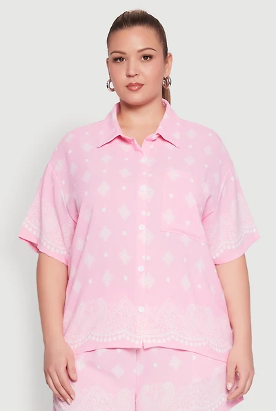 Womens Plus Crepe Knit Bandana Print Oversized Shirt,