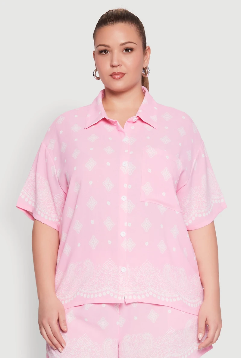 Womens Plus Size Crepe Knit Bandana Print Oversized Shirt, Pink, Size 2X