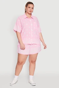 Womens Plus Size Crepe Knit Bandana Print Oversized Shirt, Pink, Size 3X