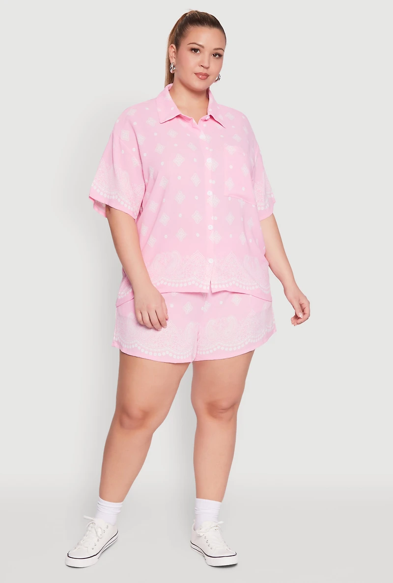 Womens Plus Size Crepe Knit Bandana Print Oversized Shirt, Pink, Size 2X