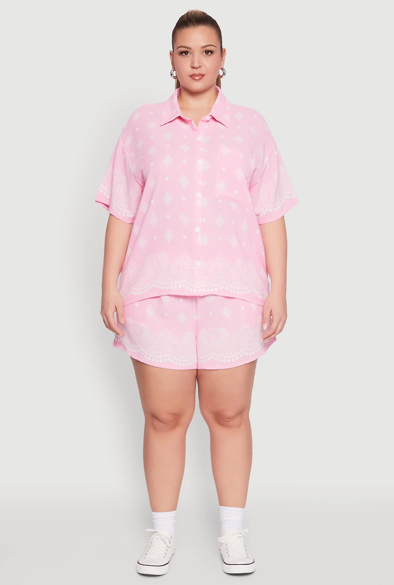 Womens Plus Size Crepe Knit Bandana Print Oversized Shirt, Pink, Size 2X
