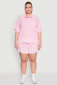 Womens Plus Size Crepe Knit Bandana Print Oversized Shirt, Pink, Size 2X