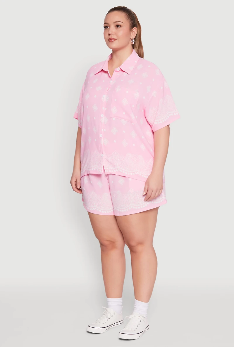 Womens Plus Size Crepe Knit Bandana Print Oversized Shirt, Pink, Size 2X