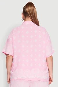 Womens Plus Size Crepe Knit Bandana Print Oversized Shirt, Pink, Size 3X