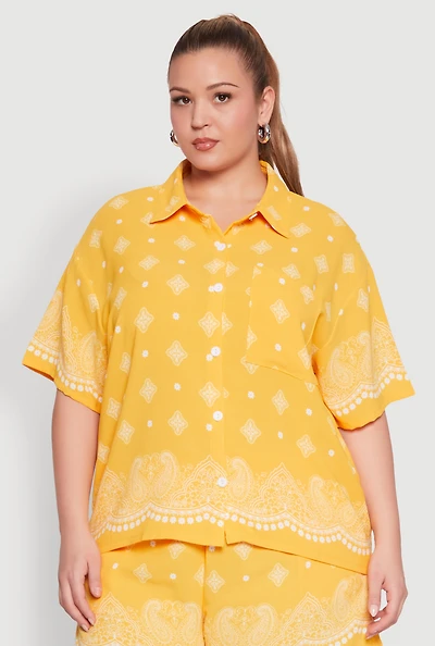 Womens Plus Size Crepe Knit Bandana Print Oversized Shirt, Yellow, Size 1X