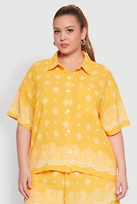 Womens Plus Size Crepe Knit Bandana Print Oversized Shirt, Yellow, Size 1X