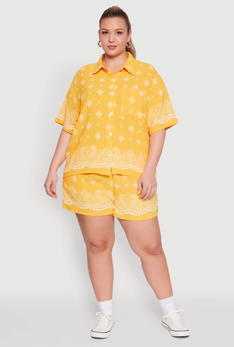 Womens Plus Size Crepe Knit Bandana Print Oversized Shirt, Yellow, Size 1X