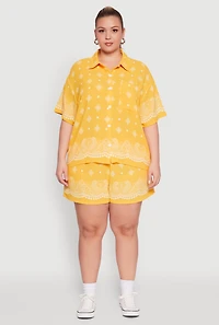 Womens Plus Size Crepe Knit Bandana Print Oversized Shirt, Yellow, Size 1X