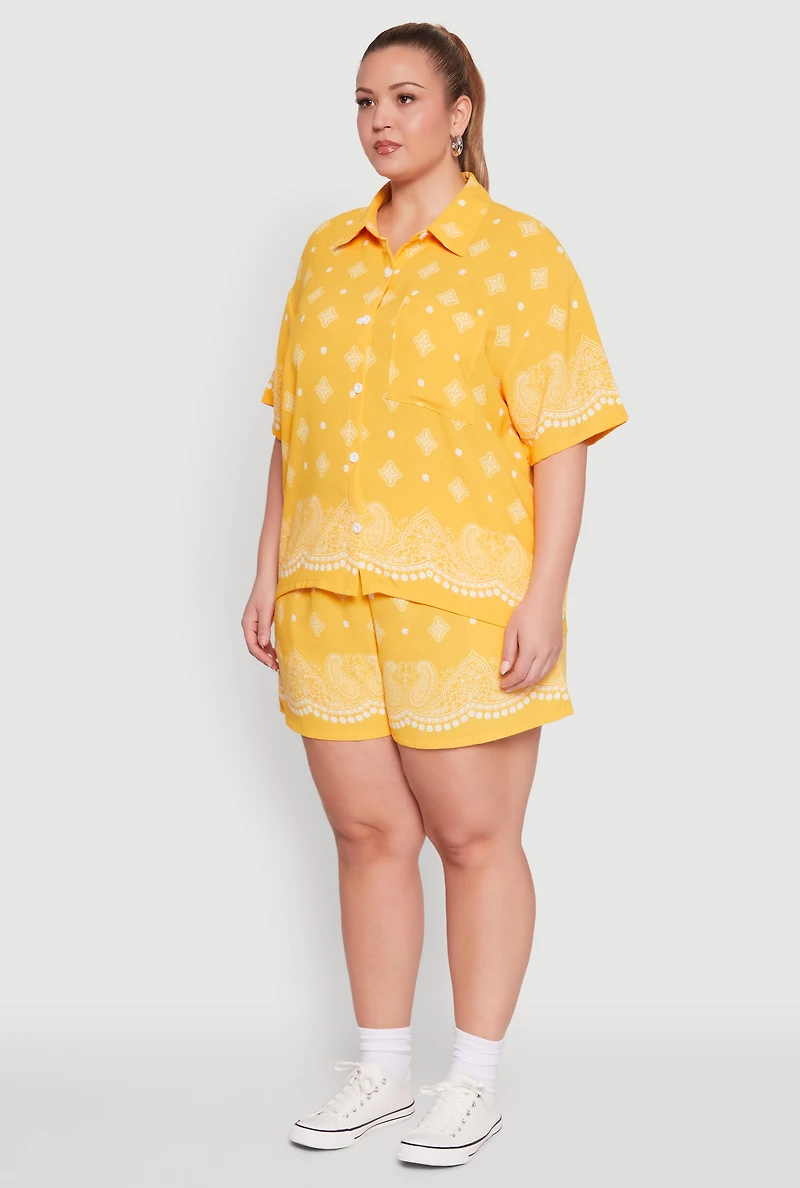 Womens Plus Size Crepe Knit Bandana Print Oversized Shirt, Yellow, Size 1X