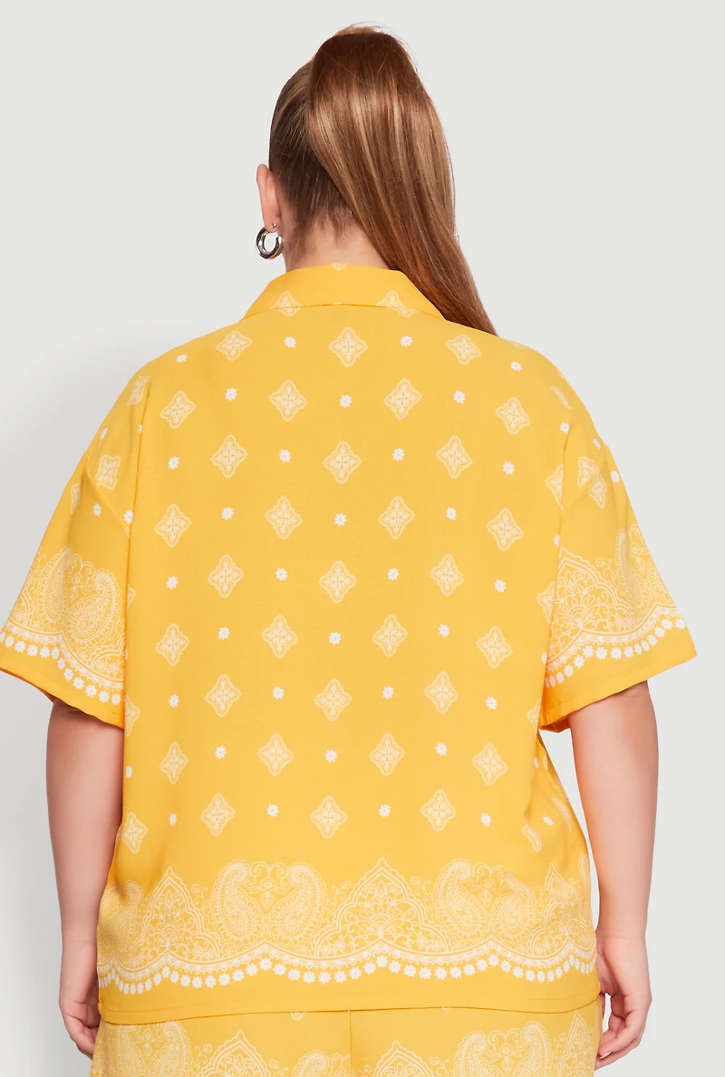 Womens Plus Size Crepe Knit Bandana Print Oversized Shirt, Yellow, Size 1X