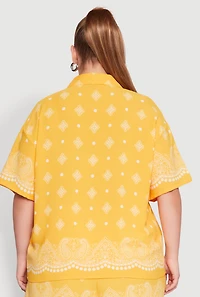 Womens Plus Size Crepe Knit Bandana Print Oversized Shirt, Yellow, Size 1X