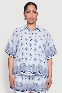 Womens Plus Crepe Knit Bandana Print Oversized Shirt,