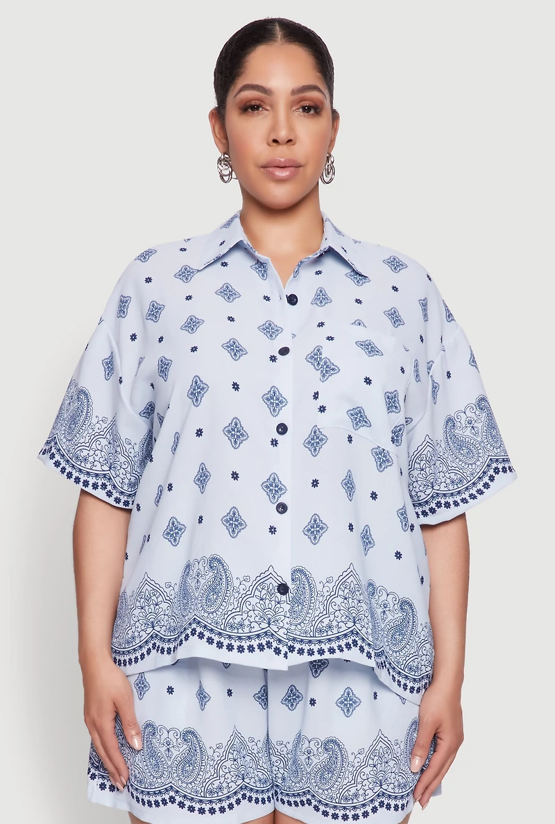 Plus Crepe Knit Bandana Print Oversized Shirt