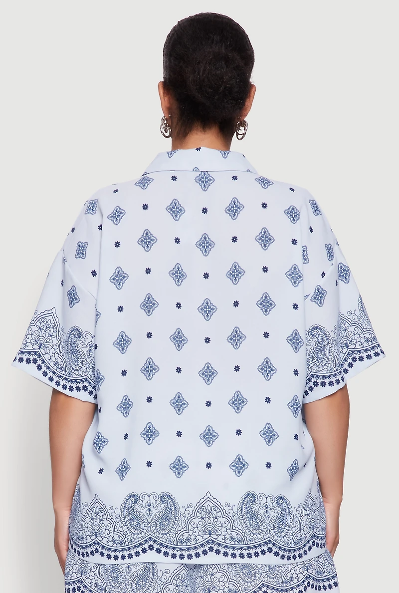 Womens Plus Size Crepe Knit Bandana Print Oversized Shirt, Blue, Size 2X
