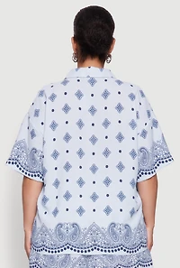 Womens Plus Size Crepe Knit Bandana Print Oversized Shirt, Blue, Size 2X