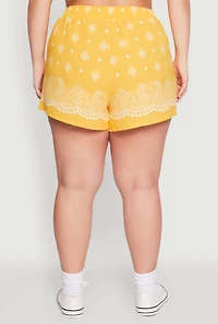 Womens Plus Crepe Knit Bandana Print Shorts, Yellow,