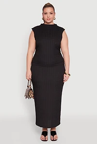 Womens Plus Size Textured Knit Mock Neck Tank Top, Black, Size 1X