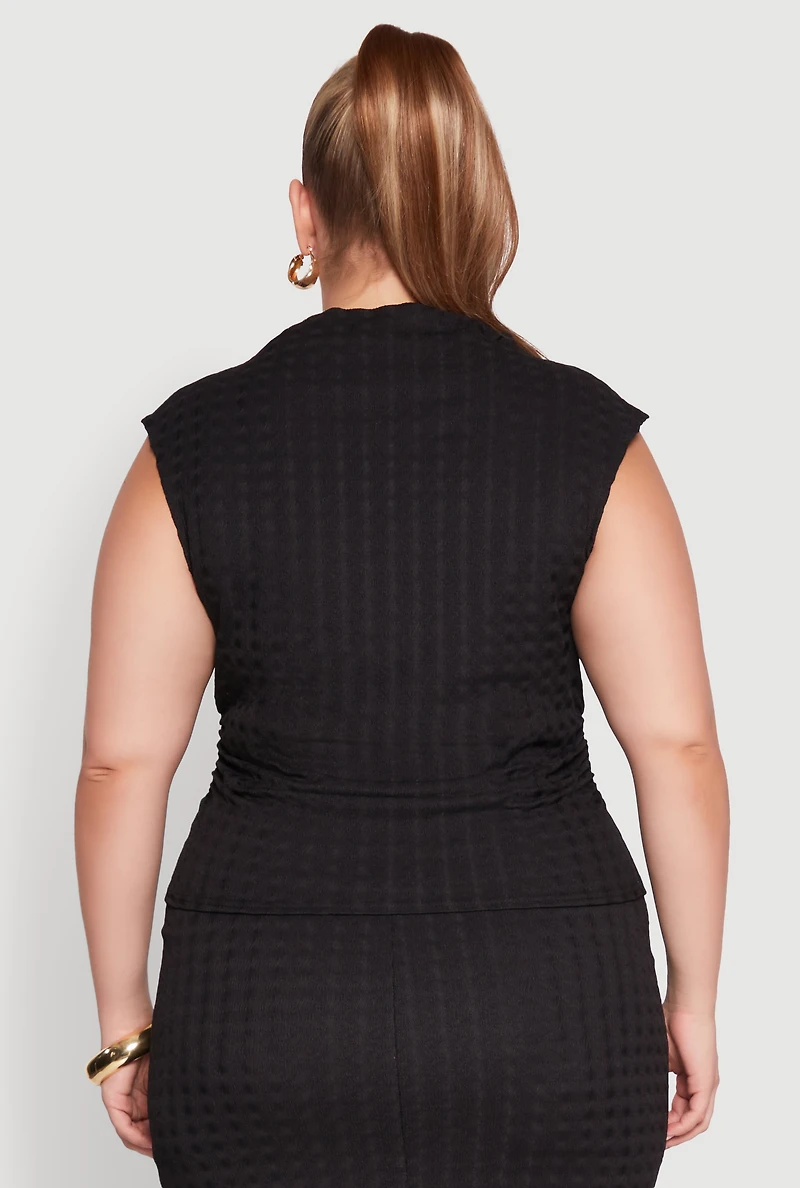 Womens Plus Size Textured Knit Mock Neck Tank Top, Black, Size 1X