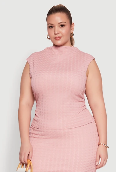 Womens Plus Size Textured Knit Mock Neck Tank Top, Pink, Size 1X