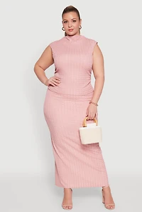 Womens Plus Size Textured Knit Mock Neck Tank Top, Pink, Size 1X
