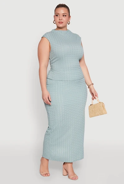 Womens Plus Size High Waist Textured Knit Maxi Skirt, Green, Size 2X