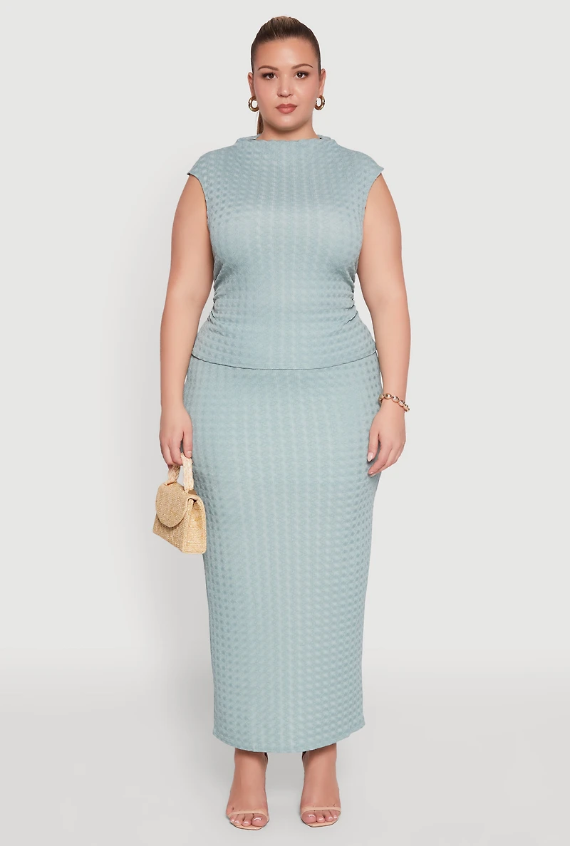 Womens Plus Size High Waist Textured Knit Maxi Skirt, Green, Size 3X