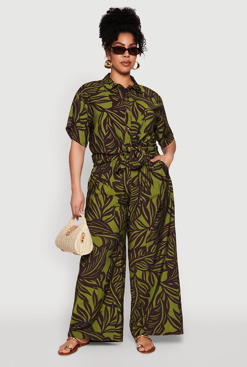 Plus Leaf Print Smocked Waist Pants