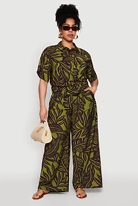 Plus Leaf Print Smocked Waist Pants