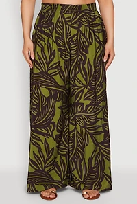 Plus Leaf Print Smocked Waist Pants