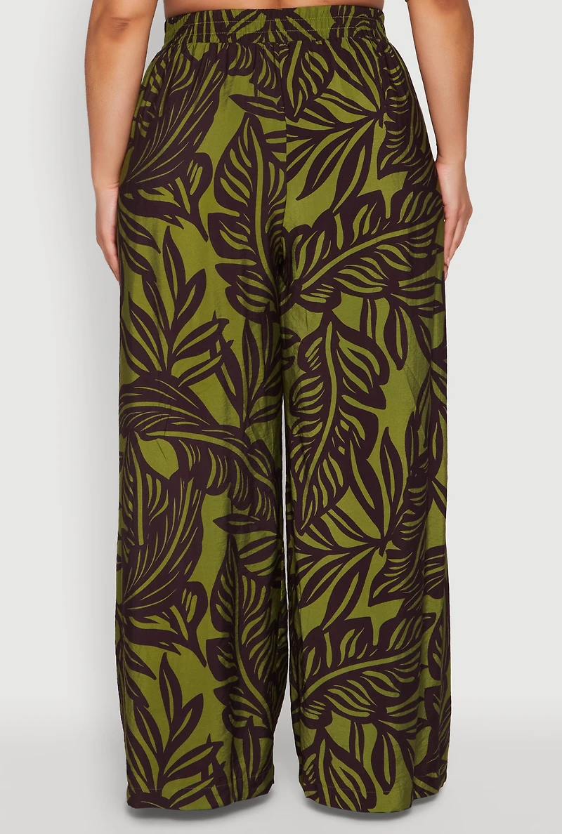 Plus Leaf Print Smocked Waist Pants