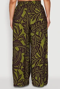 Plus Leaf Print Smocked Waist Pants
