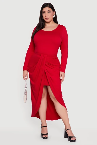Plus Ruched High Low Tulip Hem Skirt