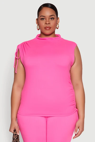 Womens Plus Size Mock Neck Side Ruched Top, Pink, Size 1X