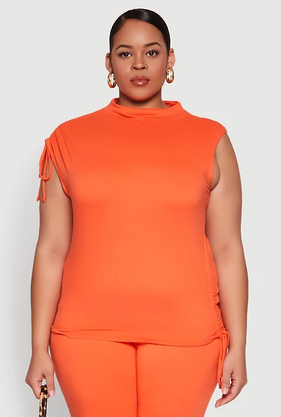 Womens Plus Size Mock Neck Side Ruched Top, Orange, Size 3X