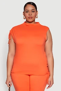 Womens Plus Size Mock Neck Side Ruched Top, Orange, Size 1X