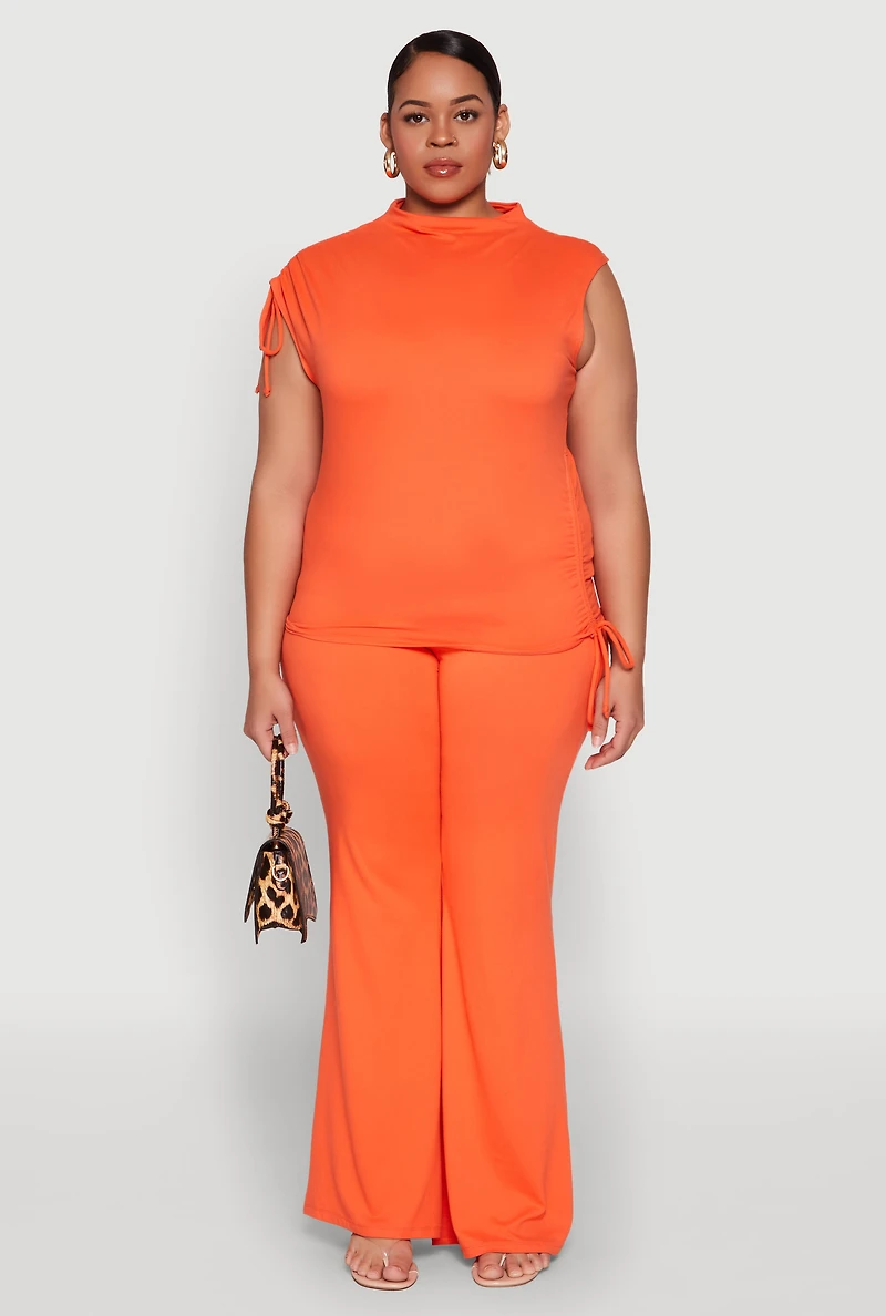 Womens Plus Size Mock Neck Side Ruched Top, Orange, Size 1X