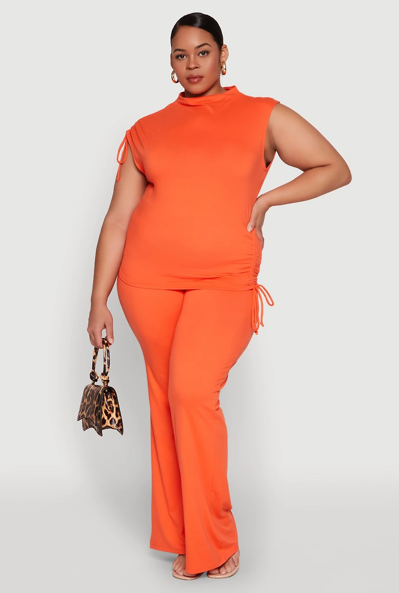Womens Plus Size Mock Neck Side Ruched Top, Orange, Size 1X
