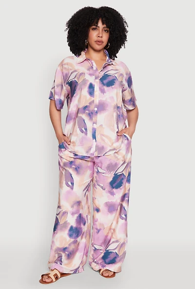Womens Plus Size Water Color Graphic Palazzo Pants, Purple, Size 2X