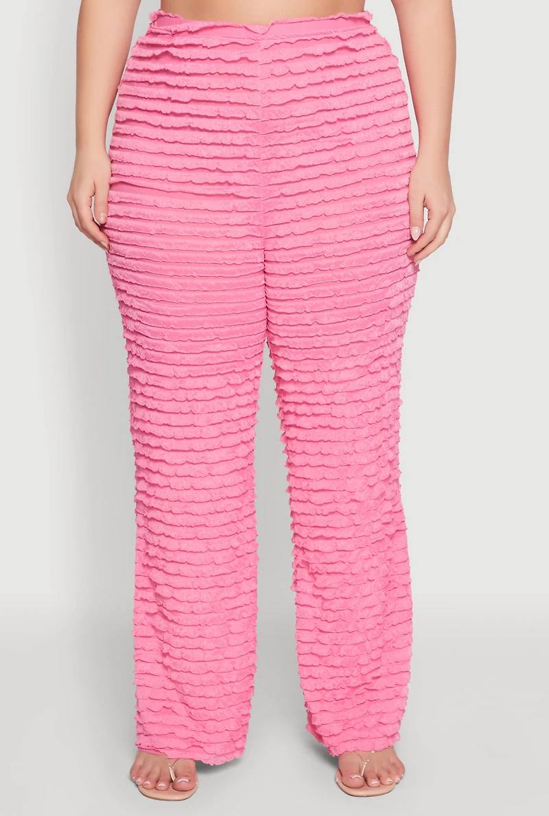 Womens Plus Size Lettuce Edge Mesh Pants, Pink, Size 2X