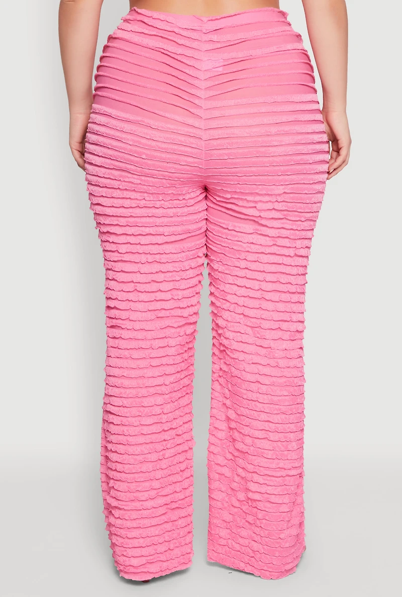 Womens Plus Size Lettuce Edge Mesh Pants, Pink, Size 2X