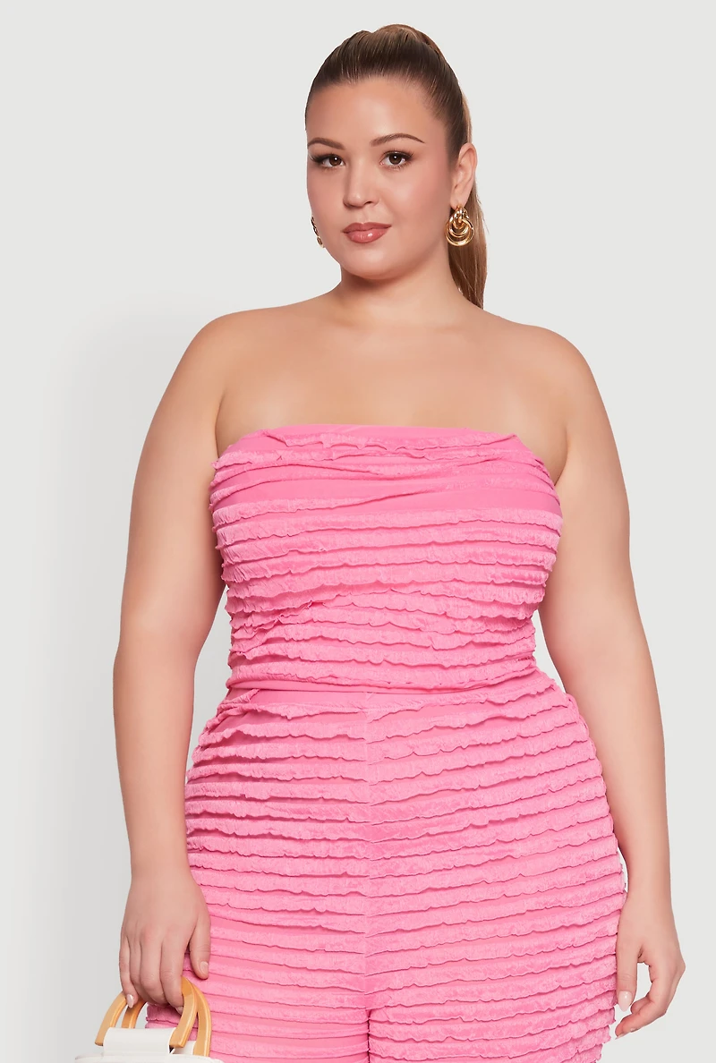 Womens Plus Size Lettuce Edge Mesh Tube Top, Pink, Size 3X