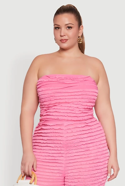 Womens Plus Size Lettuce Edge Mesh Tube Top, Pink, Size 3X