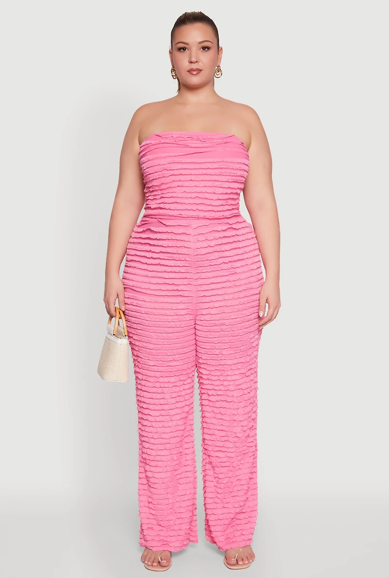 Womens Plus Size Lettuce Edge Mesh Tube Top, Pink, Size 3X