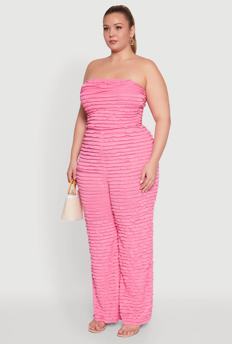 Womens Plus Size Lettuce Edge Mesh Tube Top, Pink, Size 3X